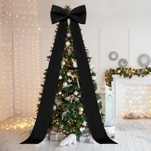 118x28 Inch Extra Large Christmas Tree Topper Bow Christmas Giant Satin Bow Decoration with Long Streamers Huge Oversized Topper Decor for Xmas Tree Holiday Party Door Wall(Black,Satin)