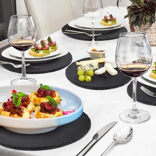 11 x 11 In 4 Pack Slate Cheese Boards, Round Black Stone Plates Charcuterie Boards Serving Tray Slate Platter for Halloween Christmas, Party, Gifts