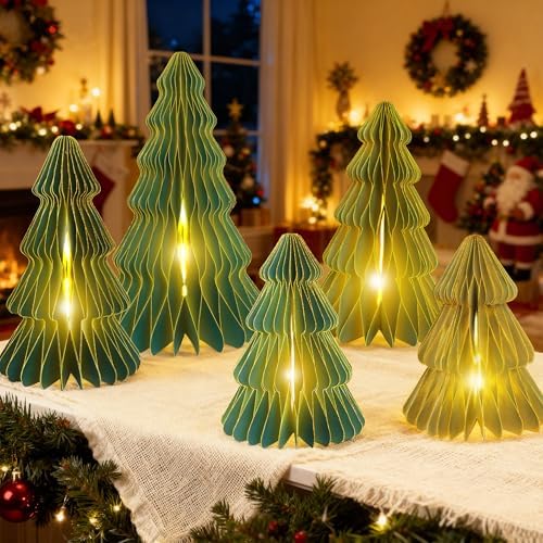 5Pcs Christmas Honeycomb Table Decorations Indoor, Lighted 3D Honeycomb Paper Christmas Trees, Vintage Green Table Centerpieces for Xmas Frozen Winter Holiday Party Home Decor, 8/10/12 Inch