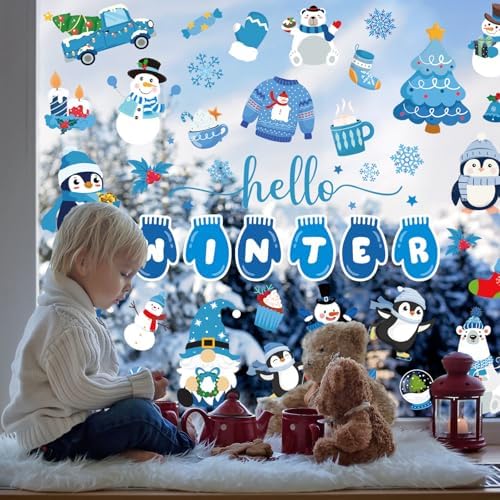 Whaline 9 Sheets Hello Winter Window Cling Stickers Blue Cartoon Penguin Snowman Bear Reusable Window Decals for Christmas Xmas Party Home Office Classroom Decoration