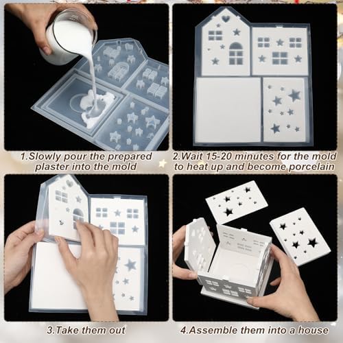 2 Set Christmas Village House Silicone Molds Plaster Epoxy DIY Craft Making Mold White House Buildings Lantern Casting Xmas Tabletop Decoration for Home Indoor Xmas