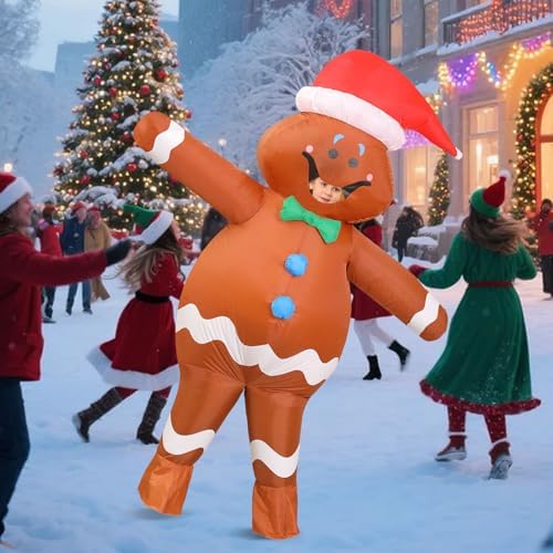 Gingerbread Costume Kids,Ages 9-12 Inflatable Christmas Costume,Funny Blow up Christmas Character Ginger bread man Costumes for Boy Girl Children,Xmas Holiday Cosplay Party Blowup Onesies Outfit Suit