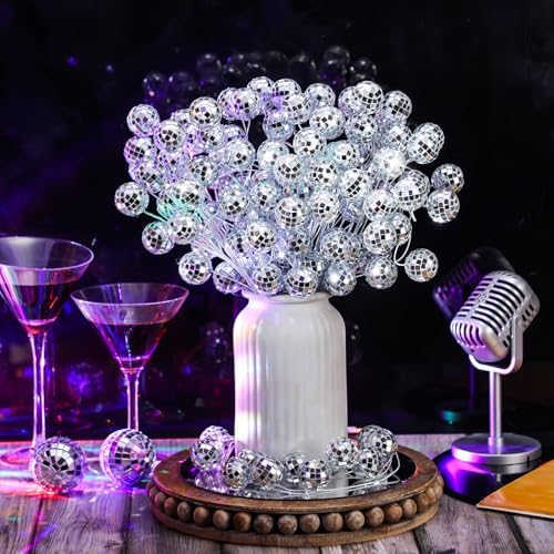12 Pcs Disco Ball Ornaments Silver Christmas Ornaments Disco Balls Party Decorations Glitter Mini Flower Picks Sticks Bulk 14 Inch Sticks Planter Vases Glitter Stems for Crafts Decor