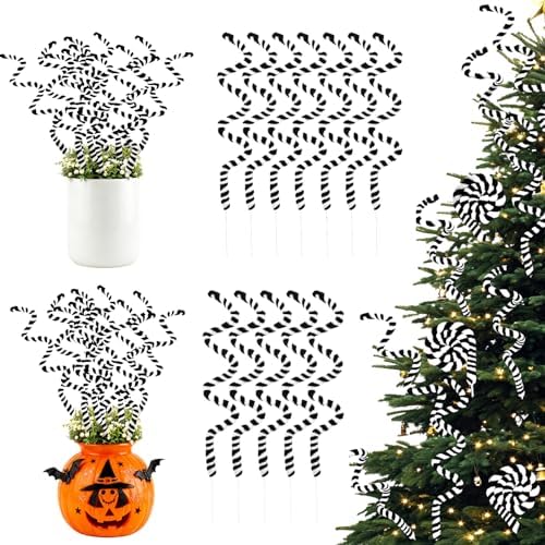 12 PCS Halloween Plant Stakes Sandworm Decorations 14Inch Black and White Christmas Tree Picks Woolen Curly Pick Floral Picks for Party Supply Crafts Ornament