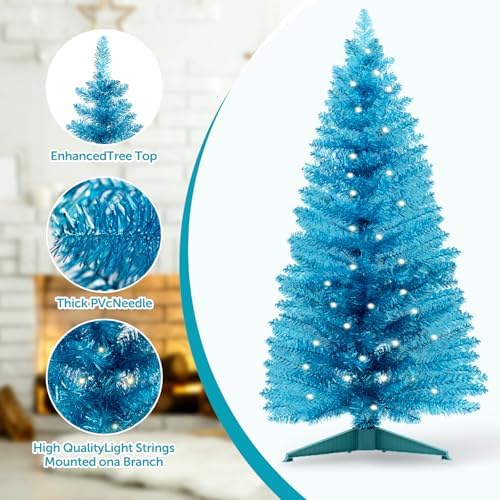 4ft Lighted Artificial Blue Christmas Tree，Small Snowy Artificial Xmas Tree, Not Pre-lit White Tinsel Pine Trees with Lights for Small Spaces, Office Lobby & Winter Wedding Centerpiece