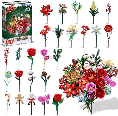 CUBIMANA 25 Pack Christmas Flower Bouquet Building Set with Light - Flowers Botanical Collection Rose Santa Gingerbread Man Artificial Plant Home Decor Party Favor Christmas Gifts for Adults Kids 12+