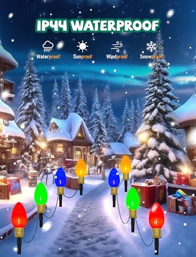 C9 Christmas Pathway Lights Outdoor, 2Pk Total 14Ft Outdoor Christmas Decorations String Light with 8 LED Jumbo C9 Multicolor Light Bulbs Walkway Lights for Lawn Holiday Yard Garden Sidewalk Decor