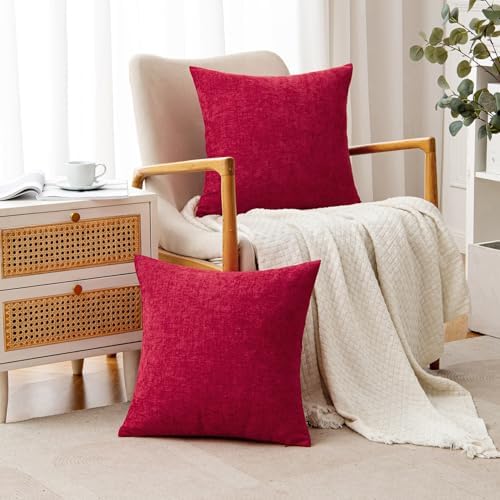 Woaboy Pack of 2 Red Pillow Covers 20x20 Inch Christmas Soft Chenille Couch Throw Pillows Solid Color Cushion Covers Home Decoration for Spring Sofa Living Room