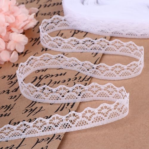 1.3CM x 10 Yards White Stretch Lace Trim,Elastic Floral Crochet Cotton Lace Ribbon for DIY Sewing, Bridal Wedding Dress Decoration, Crafts, Christmas Gift Wrapping