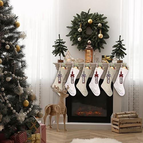 XIMISHOP 6pack Christmas Stockings, 18inch Large Personalized Cable Knitted Xmas Hanging Stocking Decorations with Name Tags for Holiday Christmas Party Family Decor (Khaki and White)