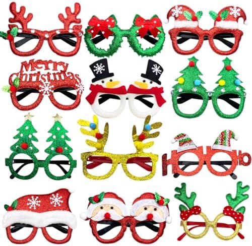 JoFAN 12 Pack Christmas Glasses Glitter Glasses Frames Costume Accessories for Christmas Decorations Party Favors Stocking Stuffers Party Supplies