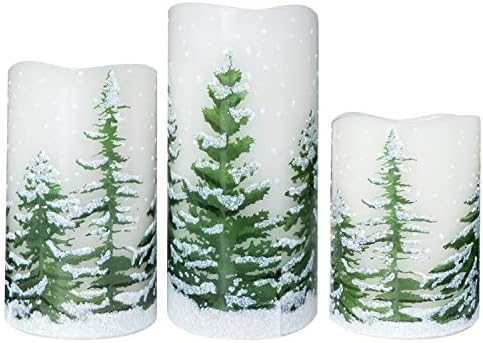 Wondise Flickering Flameless Pillar Candles with Timer, Battery Operated Real Wax Warm Light Christmas Tree Pine Tree Decal Candle for Home Decoration Christmas Gifts, Set of 3(D3 x H4/5/6 Inch)
