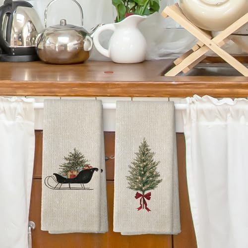 XPH Vintage Christmas Tree Kitchen Dish Towels Set of 2, Christmas Kitchen Gifts, Rustic Farmhouse Winter Xmas Sleigh Seasonal Hand Towels Tea Towel Decorations, 16x24inch