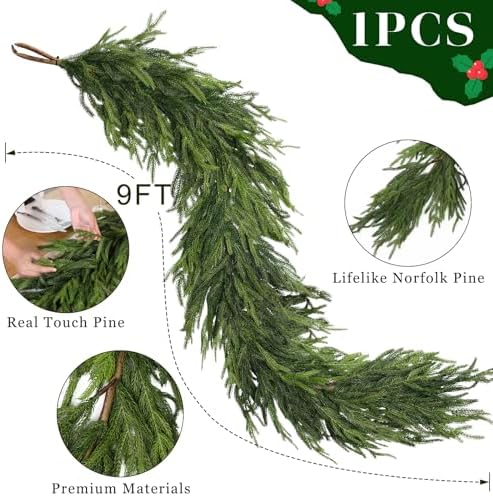 9FT Real Touch Norfolk Pine Garland - Artificial Christmas Garland Fake Green Faux Pine Needles Garland for Table Fireplace Mantle Holiday Home Indoor Outdoor Decor (1PCS)