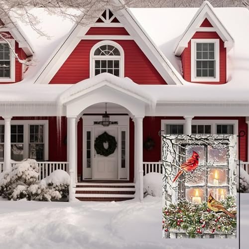 Winter Candle Cardinal Garden Flags 12×18 Inch Double Sided Xmas Cardinal Garden Flags Rustic Farmhouse Yard Red Birds Flags with Pine Twigs Window Candle Berry Outdoor Decor Christmas Garden Flag