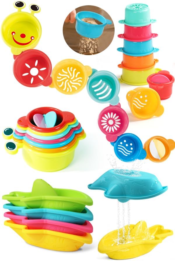 11 PCS Toddler Bath Toys for Kids Ages 1-3 Baby Shower Toys Mold Free Bathtub Toys for 12-18 Months Pool Water Table Beach Sand Toys Stacking Cups for Kids 2-4 Christmas Birthday Gifts for Boys Girls