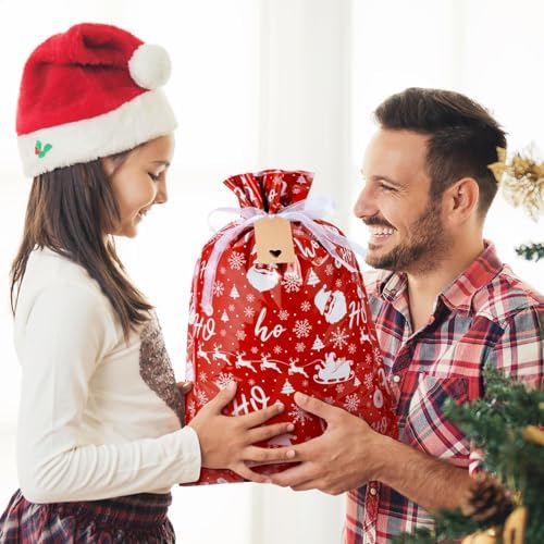 Asoulin Christmas Drawstring Gift Bags with Tags - 40 Pcs Christmas Gift Bag Assorted Size Large Medium Small Foil Gift Wrapping Bag for Birthday, Goodies, Xmas Holiday Party Favor Decoration Supplies