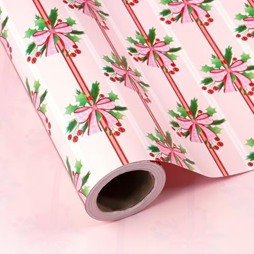 WRAPAHOLIC Reversible Christmas Wrapping Paper - Mini Roll - 17 Inch x 33 Feet - Holly and Red Bow Wrapping Paper with Solid Pink Design for Xmas Holiday, Party Celebration