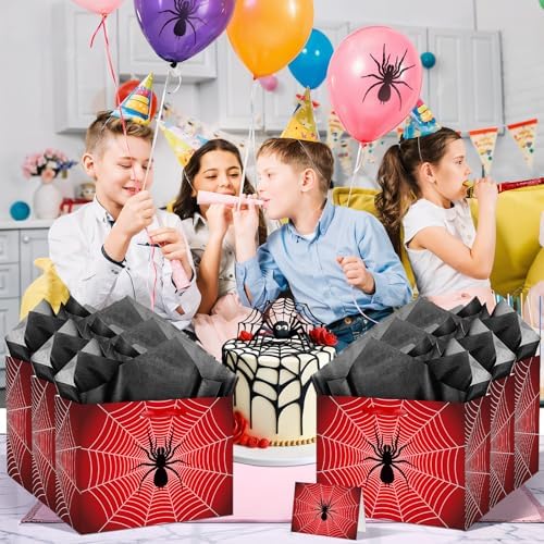 Yomaiha Spider Birthday Gift Bag Spider Party Paper Bags with Handles Tissue Paper and Card Red Black Webs Wrapping Bag Red Blue Party Decorations for Boys Men Birthday Christmas Supplies