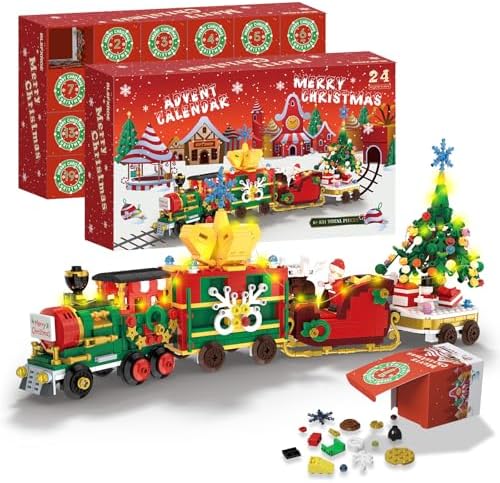 Advent Calendar 2025 Train Building Blocks Set, 24 Days Surprise Christmas Countdown Calendars Toy Building Blocks Kits Christmas Train with LED Light, Thanksgiving Xmas Gifts for Adults Men Women, Boys, Girls, Teens & Adults Ages 6+