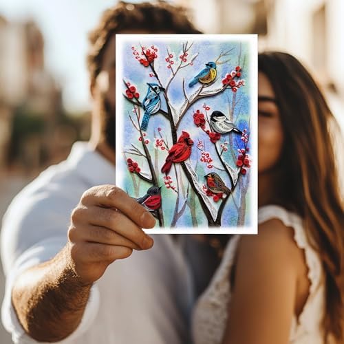 Winter Cardinal and Christmas Card, Quilling Art, Birds and Season Themed, Watercolor Classy Cards for Mom, Women, Wife, Daughter (Birds - Winter Garden)