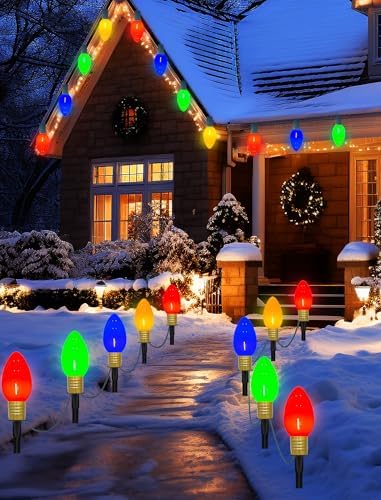C9 Christmas Pathway Lights Outdoor, 2Pk Total 14Ft Outdoor Christmas Decorations String Light with 8 LED Jumbo C9 Multicolor Light Bulbs Walkway Lights for Lawn Holiday Yard Garden Sidewalk Decor