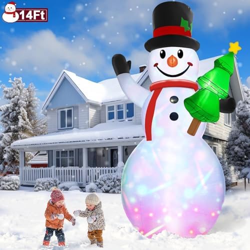 14 Ft by 7.5 Ft Large Christmas Inflatables Snowman Outdoor Decorations Build-in Rotating Colorful Light, Huge Snowman Inflatable with Christmas Tree & Hat Blow Up Yard Decor for Lawn Garden Outside