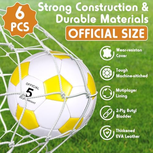 Hiboom 6 Pcs Christmas Deflated Soccer Ball Bulk with Pumps & Cross Necklace Size 3, 4, 5 Outside Sport Training Machine Stitched Ball Operation Christmas Bulk Items for Christian Charity Gift