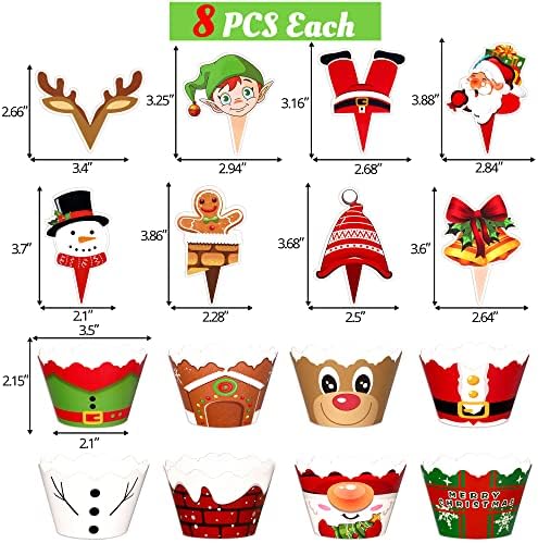 128 Pieces Christmas Cupcake Toppers Wrappers Party Supplies Favors - Snowman Santa Claus Reindeer Elf Gnome Gingerbread