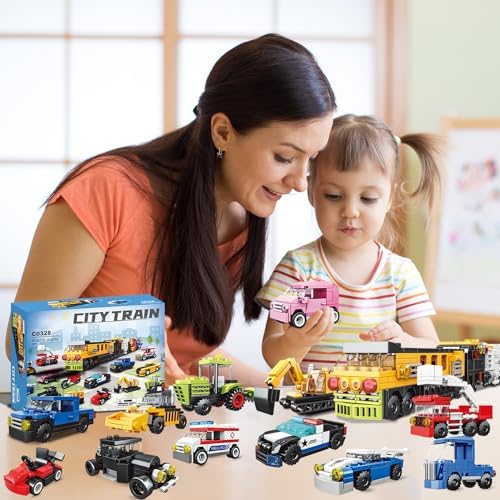16 Pack Building Blocks Party Favors for Kids, 2 in 1 710pcs Creative Building Kits Mini City Vehicles include Police Car & Train, Christmas Toy Gifts Goodie Bag Fillers Stuffers for Boys Girls Kids