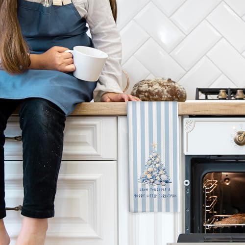 Blue Coastal Beach Christmas Tree Kitchen Towels, Coastal Beach Christmas Decor Hand Towel for Bathroom Kitchen Decor, Xmas Seashell Tree Decorative Tea Towels Dish Towel 16x24 Inch