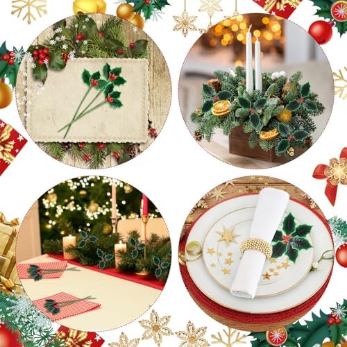 XunYee 48 Pcs Lacquered Holly Picks Artificial Red Holly Berry Stems with Leaves Christmas Holiday Mini Holly Leaves Decorations for Home Christmas Holiday Party Crafts Decoration Gifts