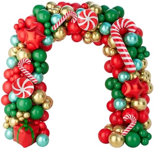 Christmas Balloon Arch Kit, 150Pcs Red Green Gold Balloon Garland with Candy Cane Balloons Red Star Balloons for Christmas Party Decorations, Xmas Decorations for Indoors