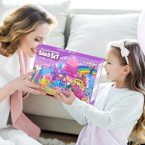Princess Unicorn Sensory Bin Sandbox for Girl Kid Toys, 2lbs Color Sensory Sand & 6 Castle Molds & Play Kits, Sand Box Toys for Kids Girls Toddlers 3 4 5 6 7 8 Christmas Birthday Gift
