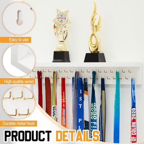 Wooden Medal Hanger Display Trophy Holder Shelf with 25/37/49/65 Hooks Wall Mount Ribbon Holder Christmas Gift for Gymnastics Running Soccer Awards