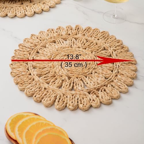 13.8" Round Corn Husk Placemats | Boho Woven Rattan Table Mats | Natural Spring Farmhouse Plate Chargers | Handmade Rustic Wicker Place Mats for Christmas Wedding (Set of 6)