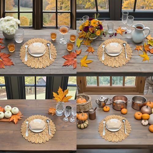 13.8" Round Corn Husk Placemats | Boho Woven Rattan Table Mats | Natural Spring Farmhouse Plate Chargers | Handmade Rustic Wicker Place Mats for Christmas Wedding (Set of 6)