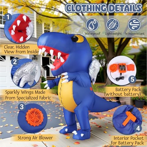 Inflatable T-Rex Costume for Adult, Blow-Up Dinosaur Suit for Halloween Christmas Birthday Party 150-190cm