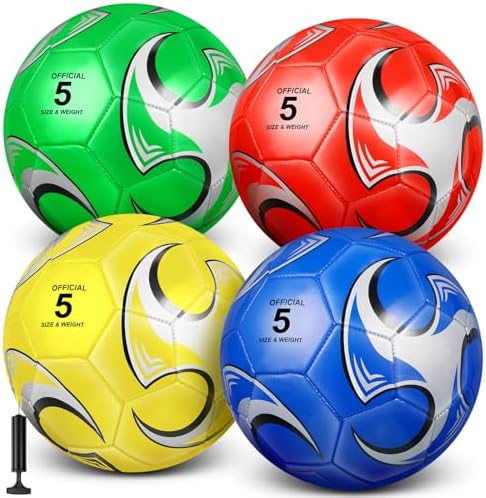 HyDren 4 Pcs Soccer Ball with Pump Official Size 4/5 Deflated Soccer Balls Bulk for Outdoor Indoor Practice Training Christmas Operation Sport Gift for Kid Teen Youth Adult