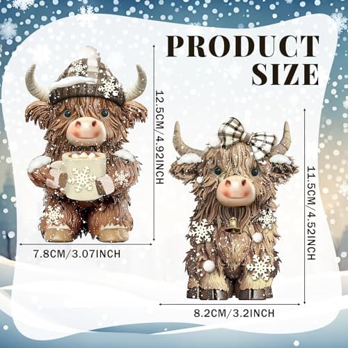 2 Pack Winter Highland Cow Figurine Decor Resin Winter Theme Highland Cow Christmas Gnomes Starfish Resin Christmas Statue for Garden Table Shelf Kitchen Home Decor Calf Gnome Herd Gifts