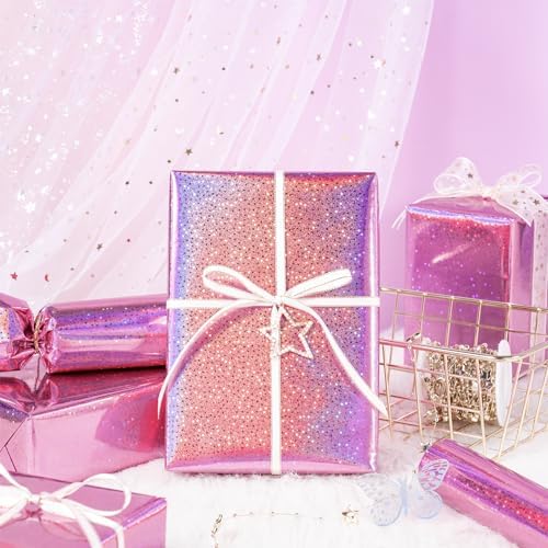 WRAPAHOLIC Pink Wrapping Paper Roll - Mini Roll - 17 Inch x 16.5 Feet - Metallic Holographic Star Wrapping Paper for Birthday, Wedding, Baby Shower, Bridal Shower, Christmas