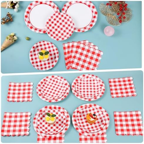 150Pcs Gingham Party Supplies Red Gingham Paper Plates and Napkins Red Plaid Party Plates Disposable Red and White Checkered Plates for Christmas Birthday Family Picnic，Serves 50