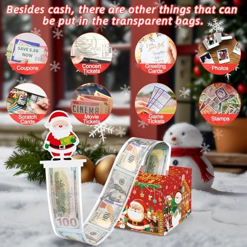 Christmas Money Box for Cash Gift Pull - Christmas Surprise Money Gift Box for Boys Girls - DIY Money Pull Box with 100Pcs Transparent Bags - BestGift for Kids Adults - Red