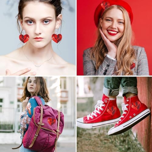 20Pcs Red Sequin Heart, Shiny Heart Iron on Applique Embroidered Patches for Clothing, Bags, Jackets, Jeans DIY Earrings Accessory Craft Valentine Christmas Decoration, 2.5inch