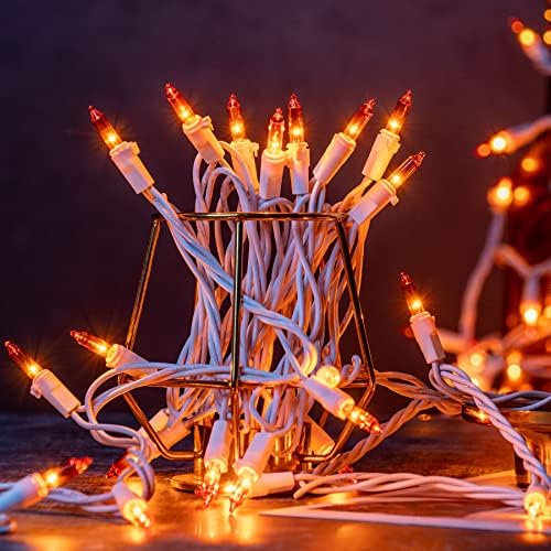 YULETIME 200 Orange Christmas Lights, Pack of 2 Sets 33 Feet 100 Count UL Certified Incandescent String Lights (Orange - White Wire)