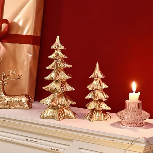 Gold Christmas Tree Figurines, Small Resin Christmas Trees Home Decor, Tabletop Tree Set of 2, Decorative Xmas Trees for Christmas Decorations Indoor Mantle Centerpieces