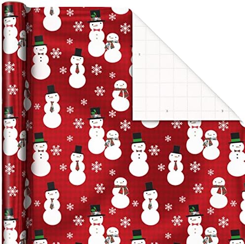Hallmark Foil Christmas Wrapping Paper with Cut Lines on Reverse (3 Rolls: 60 sq. ft. ttl) Plaid Snowflakes, Snowmen, Red, Green and Blue Plaid