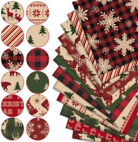12Pcs Christmas Cotton Fabric Bundles 18 x 22 Inch Red Green Woodland Fat Quarters Xmas Sewing Fabrics for DIY Craft Party Decor
