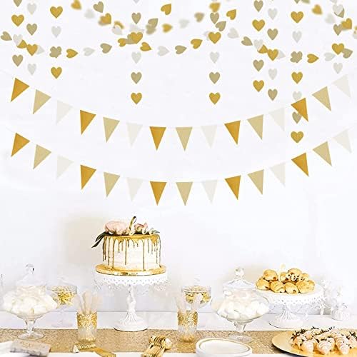 White-Gold Champagne Party-Decorations Banner,2 Pack Christmas Wedding Engagement Hanging Paper Triangle Pennant Flags Streamers,Bachelorette Neutral Baby Bridal Shower Supplies Decor Lasting Surprise