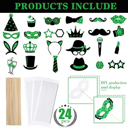 Zonon 24 Pieces Funny Photo Booth Props:Halloween,Christmas,Family Reunion, Class Reunion, Birthday, Weddings, Prom Disco Mardi Gras Party Supplies - Mix of Hats, Lipstick, Tie(Green and Black)